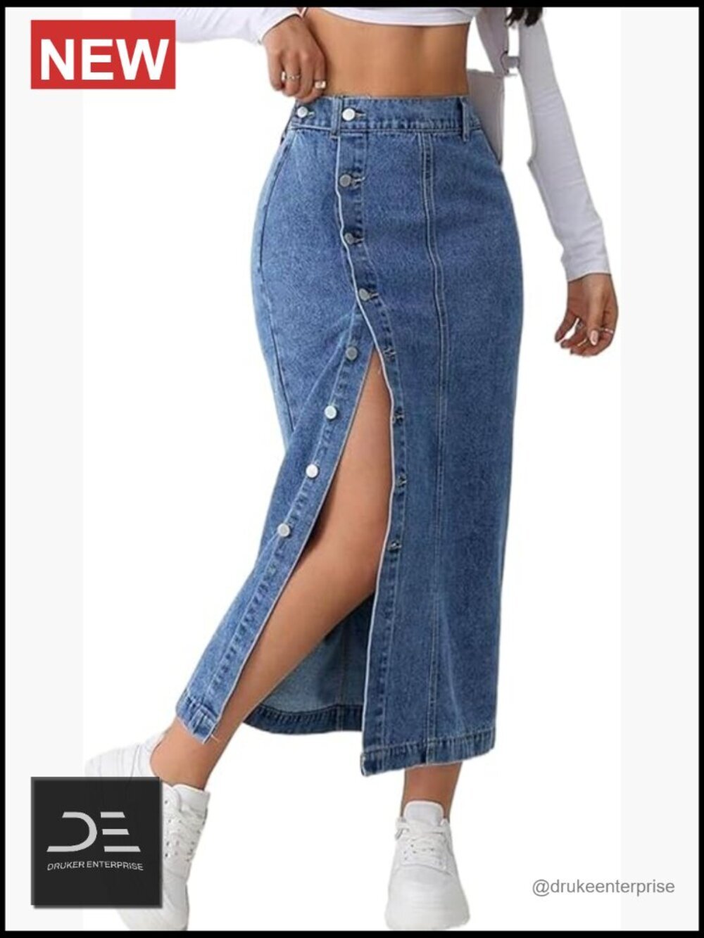 High Waisted Stretch Midi Denim Skirt with Slit and Button Front